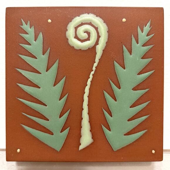 Kate Lally Ceramics Fern Leaves Tile Wall Hanging Trivet TerraCotta 6" x 6" - Picture 1 of 4